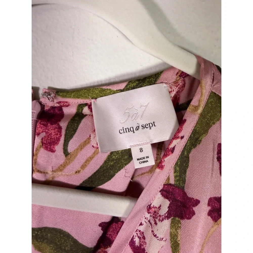 Cinq a Sept Pink Floral Orchid Midi Dress V-Neck Flutter Sleeve Womens Size 8 - Picture 4 of 12